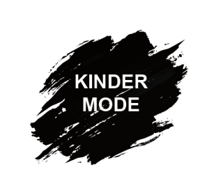 Das Bild zeigt den Satz „KINDER MODE“ in fetten weißen Buchstaben, zentriert auf einem grob gemalten schwarzen Pinselstrich-Hintergrund mit ungleichmäßigen Kanten, der an die Beschilderung des Kaufhauses Schwager erinnert. Der Hintergrund ist transparent.