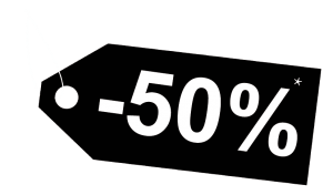 Ein schwarzes Preisschild mit fettgedrucktem weißem Text, in dem -50 % steht, bedeutet, dass Sie beim Kaufhaus Schwager einen Rabatt von fünfzig Prozent haben.
