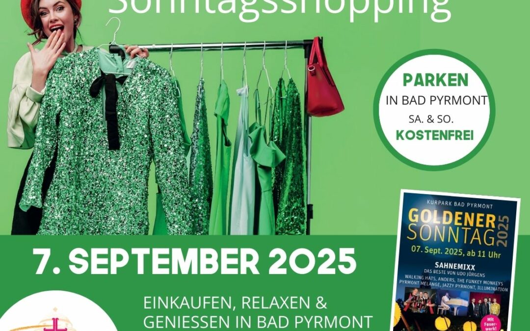 Eine lächelnde Frau hält ein grünes, glitzerndes Kleid auf einem Bügel und steht neben einem Kleiderständer mit ähnlichen Kleidern. Der Text wirbt für den verkaufsoffenen Sonntag in Bad Pyrmont am 7. September 2025 mit kostenlosen Parkplätzen und offenen Geschäften.